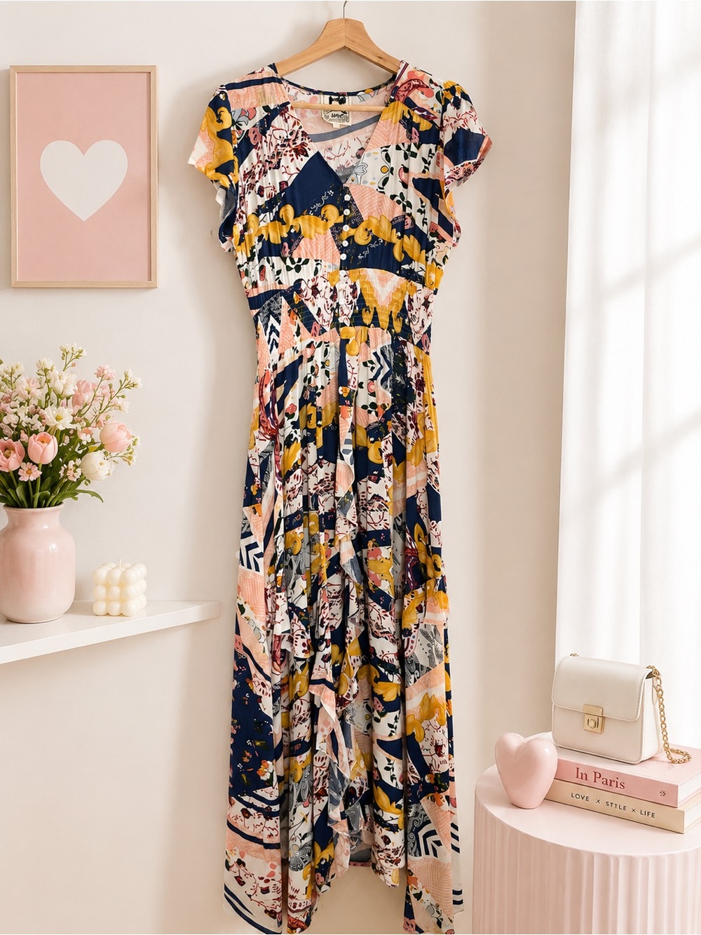 JAASE Multicolor Patchwork Boho Handkerchief Maxi Dress Size L